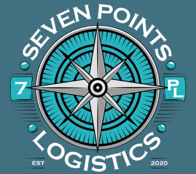 Seven Points Logistics logo with a sleek design featuring a modern font and a stylized compass graphic representing precision and direction.